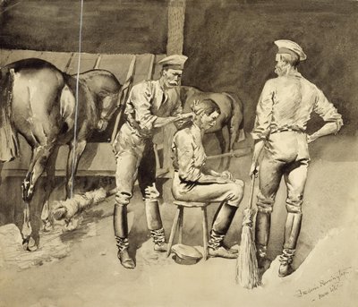 Um corte de cabelo num estábulo de cavalaria de Frederic Remington