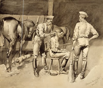 Um corte de cabelo em uma cavalaria estável, c.1893 (wc no papel) de Frederic Remington
