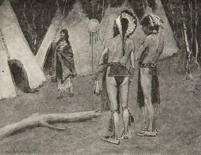 E seus amantes, os rejeitados ... Homens bonitos com tinta e penas, de The Song of Hiawatha, de Henry Wadsworth Longfellow (1807-82), pub. por George G. Harrap e companhia Ltd., 1911 de Frederic Remington