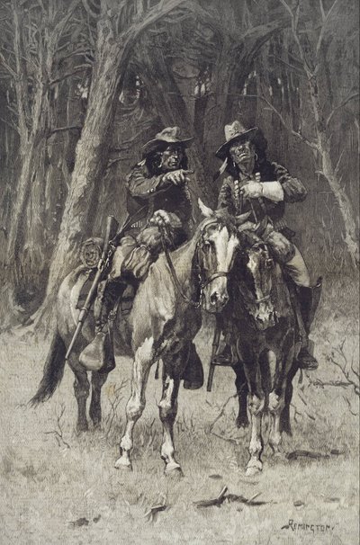 Escuteiros Cheyenne a patrulhar as grandes florestas do Norte do Canadá, Oklahoma de Frederic Remington