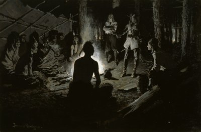 Conselho dos exploradores franceses com os índios de Frederic Remington