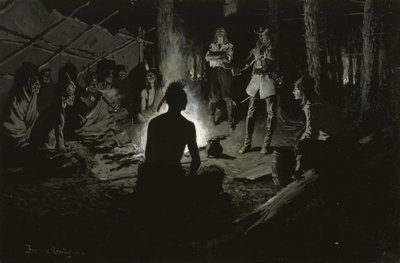 Conselho dos exploradores franceses com os índios de Frederic Remington