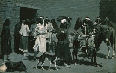 Aldeia indígena Pueblo (Distribuição de carne bovina na agência San Carlos) c.1889 de Frederic Remington