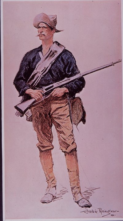 Guerra Hispano-Americana 1898, soldado de infantaria americano armado com espingarda da revista Krag-Jorgensen de Frederic Remington