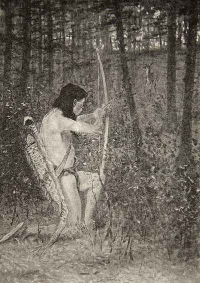 Então, em um dos joelhos, Hiawatha apontou uma flecha, de The Song of Hiawatha, de Henry Wadsworth Longfellow (1807-82), pub. por George G. Harrap e companhia Ltd., 1911 de Frederic Remington