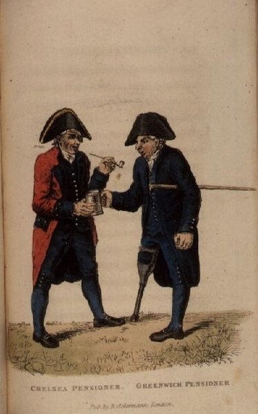 A Chelsea Pensioner e Greenwich Pensioner da Ackermanns World in Miniature de Frederic Shoberl