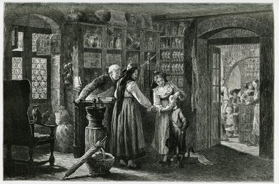 Na farmácia da aldeia de Kaysersberg (ou Kaisersberg, Alsácia), uma consulta de emergência. Gravura de F.Lix, para ilustrar a história "Through Alsace and Lorraine", em 1884, de Charles Grad (1842-1890), deputado alemão, escritor e naturalista. Pub de Frederic Theodore Lix
