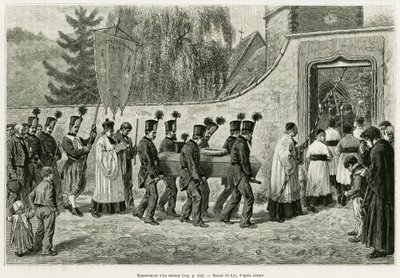 Enterro de um menor. Gravura de Lix, para ilustrar a história A Through Alsace and Lorraine, em 1887, de Charles Grad, deputado alemão, no tour du monde 1888, dirigido por Edouard Charton (1807-1890), Hachette, Paris. de Frederic Theodore Lix