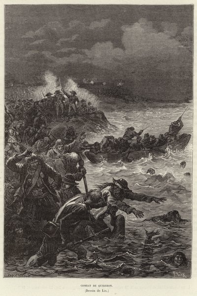 Combat de Quiberon. Apoiadores da Revolução Chouannerie e do Levante Vendee tentando fugir das forças republicanas em Quiberon, França, Revolução Francesa de Frederic Theodore Lix