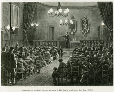 Conferência para os trabalhadores das oficinas Dollfus Mieg, em Dornach. Gravura de Lix para ilustrar a história A Through Alsace and Lorraine, de Charles Grad, deputado alemão, em 1885, no tour du monde 1886, dirigido por Edouard Charton (1807-1890), Hach de Frederic Theodore Lix