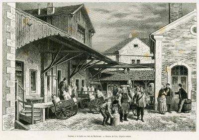 Laticínios no Milk Hall de Mulhouse. Gravura de Lix para ilustrar a história A travers l