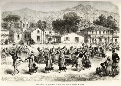 Dança folclórica na praça da aldeia Haggia Anna (St. Anne). Gravura após o desenho de Lix, para ilustrar a viagem na Grécia, de Henri Belle, em 1861-1868-1874, publicado em "Le tour du monde" 1876, editado por Edouard Charton, edição Hachette, Paris de Frederic Theodore Lix