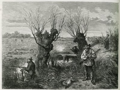 Caça à lebre. Gravura de F.Lix, para ilustrar a história “Through Alsace and Lorraine” ”, em 1884, por Charles Grad de Frederic Theodore Lix
