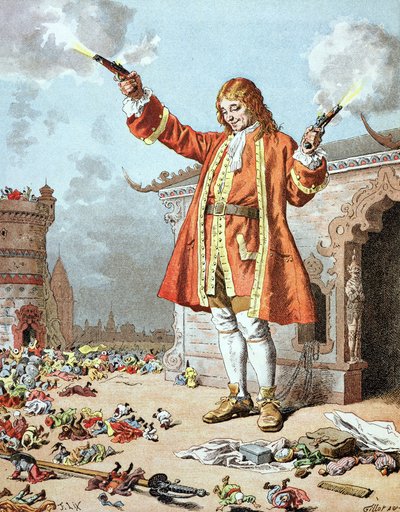 "Todos caíram para trás, como se tivessem sido atingidos pelo trovão", ilustração de "The Travels of Gulliver", de Jonathan Swift (1667-1745). de Frederic Theodore Lix