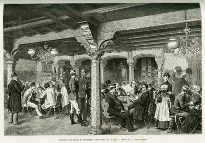 Interior da taverna Tiefenkeller em Estrasburgo. Gravura de Lix, para ilustrar a história A Through Alsace and Lorraine, em 1887, de Charles Grad, deputado alemão, no tour du monde 1888, dirigido por Edouard Charton (1807-1890), Hachette, Paris. de Frederic Theodore Lix