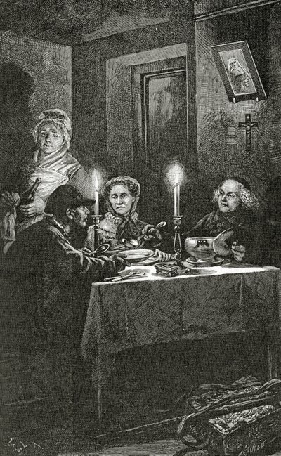 Jean Valjean é recebido e cuidado pelo Bispo Myriel, século XIX (gravura bw) de Frederic Theodore Lix