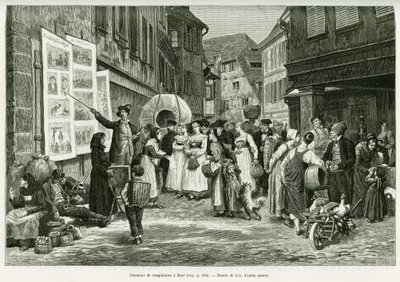 Cantor de lamentos nas ruas de Barr. Gravado por Lix, para ilustrar a história A Through Alsace and Lorraine, em 1887, por Charles Grad, deputado alemão, no tour du monde 1888, dirigido por Edouard Charton (1807-1890), Hachette, Paris. de Frederic Theodore Lix
