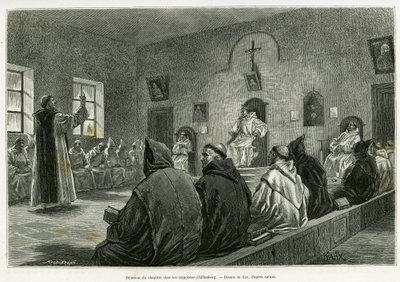 Reunião do capítulo entre os Trapistas de Oelenberg. Gravura de Lix para ilustrar a história A travers l