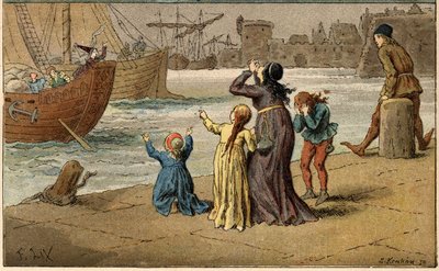 Canção popular: "A Nantes est arrive". As crianças choram o seu mar, levadas por um marinheiro. Ilustração (detalhe) de Frederic Theodore Lix (1830-1897) em "Chansons et rounds enfantines des provinces de la France". de Frederic Theodore Lix