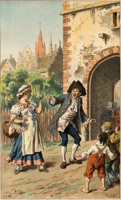Canção popular: "A Paris y a-t-une dame". Um homem goza com uma empregada para que o rosto fique coberto de lustro. Ilustração de Frederic Theodore Lix (1830-1897) em "Chansons et rounds enfantines des provinces de la France". de Frederic Theodore Lix