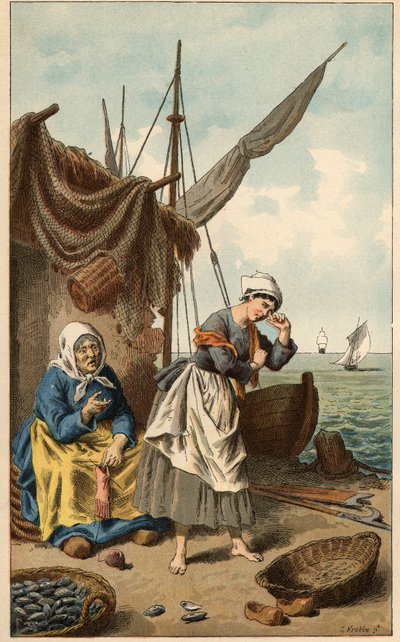 Canção popular: "A la peche au mussel" Ilustração de Frederic Theodore Lix (1830-1897). Frontispício de "Chansons et rounds enfantines des provinces de la France". de Frederic Theodore Lix