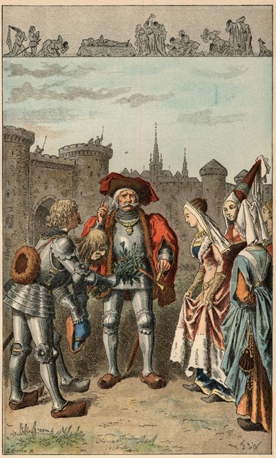 Canção popular: "It was Anne of Brittany". Rainha de França Anne de Bretagne (1477-1514), chegando a Rennes, recebe um buquê de verbena. Ilustração de Frederic Theodore Lix (1830-1897) em "Chansons et rounds enfantines des provinces de la France". de Frederic Theodore Lix