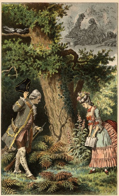 Canção popular: "Vamos para esta pequena e encantadora madeira". Ilustração de Frederic Theodore Lix (1830-1897) em "Chansons et rounds enfantines des provinces de la France". de Frederic Theodore Lix