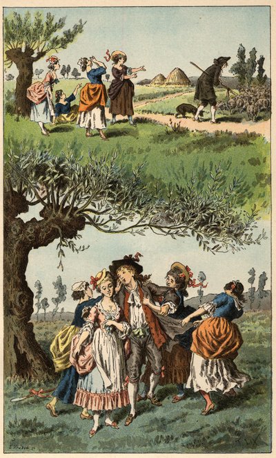 Canção popular: "Éramos três raparigas". Ilustração de Frederic Theodore Lix (1830-1897) em "Chansons et rounds enfantines des provinces de la France". de Frederic Theodore Lix