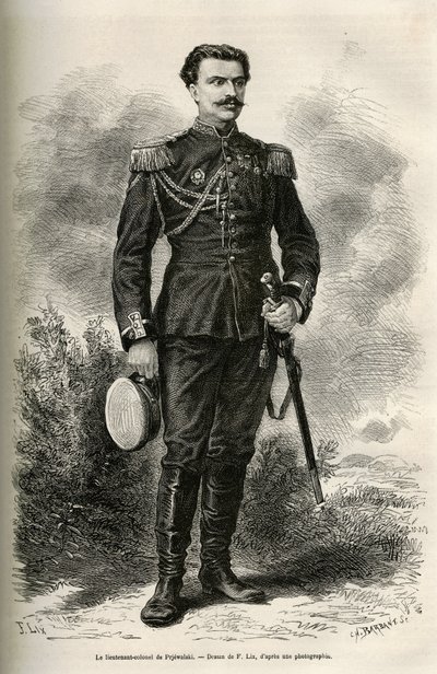 Retrato do viajante e narrador Tenente Coronel de Prjewalski, desenho de F.Lix para ilustrar a viagem à Mongólia e à terra dos Tangutes de 1870 a 1873, do Tenente Coronel de Prjewalski. Gravura em Le tour du monde de Frederic Theodore Lix