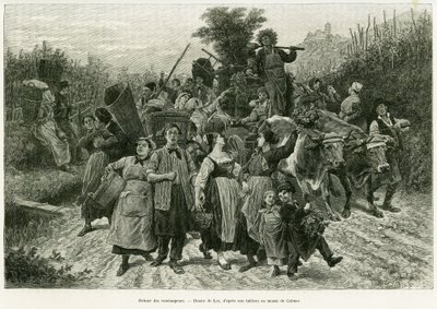 O regresso da colheita. Gravura de Lix, para ilustrar a história A Through Alsace and Lorraine, em 1887, de Charles Grad, deputado alemão, no tour du monde 1888, dirigido por Edouard Charton (1807-1890), Hachette, Paris. de Frederic Theodore Lix