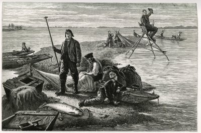 A pesca do salmão. Gravura de F.Lix, para ilustrar a história "Through Alsace and Lorraine", em 1884, de Charles Grad (1842-1890), deputado alemão, escritor e naturalista. Publicado em Le Tour du monde, nouveau journal des voyages, 2º semestre de 1885, edi de Frederic Theodore Lix