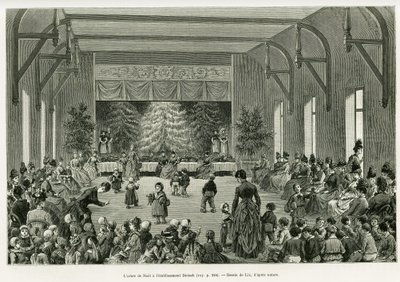 A árvore de Natal no estabelecimento Dietsch. Gravura de Lix, para ilustrar a história A Through Alsace and Lorraine, em 1887, de Charles Grad, deputado alemão, no tour du monde 1888, dirigido por Edouard Charton (1807-1890), Hachette, Paris. de Frederic Theodore Lix
