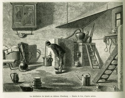 A destilação do kirsch no castelo de Isenburg. Gravura de Lix, para ilustrar a história A Through Alsace and Lorraine, em 1887, de Charles Grad, deputado alemão, no tour du monde 1888, dirigido por Edouard Charton (1807-1890), Hachette, Paris. de Frederic Theodore Lix