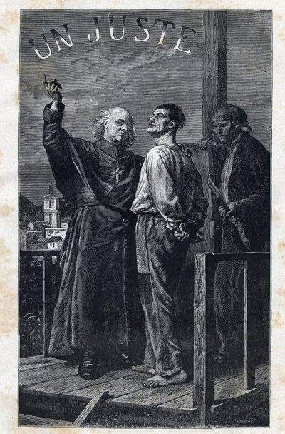 A eveque Myriel acompanha uma sentença de morte que sobe no cadafalso - Ilustração de Frederic Theodore Lix (1830-1897) para "The Miserables - First Part": Fantine" de Victor Hugo (1802-1885) 1862 de Frederic Theodore Lix