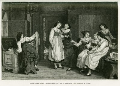O velho traje alsaciano. Gravura de Lix, após uma pintura Present de Noces de Pabst, para ilustrar a história A Through Alsace and Lorraine, de Charles Grad, deputado alemão, em 1885, no tour du monde 1887, sob a direção de Edouard Charton (1807 de Frederic Theodore Lix