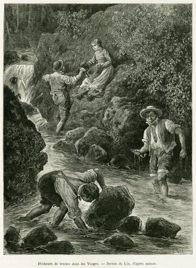 Pescadores de trutas nos Vosges. Gravura de Lix, para ilustrar a história A Through Alsace and Lorraine, de Charles Grad, deputado alemão, em 1885, no tour du monde 1887, sob a direção de Edouard Charton (1807-1890), Hachette, Paris. de Frederic Theodore Lix