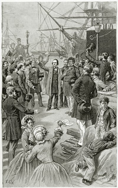 Victor Hugo saúda uma república universal durante um discurso no exílio em 1 de agosto de 1852, século XIX (gravura de bw) de Frederic Theodore Lix
