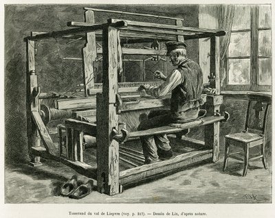 Weaver of the Liepvre Valley. Gravura de Lix, para ilustrar a história A Through Alsace and Lorraine, em 1887, de Charles Grad, deputado alemão, no tour du monde 1888, dirigido por Edouard Charton (1807-1890), Hachette, Paris. de Frederic Theodore Lix