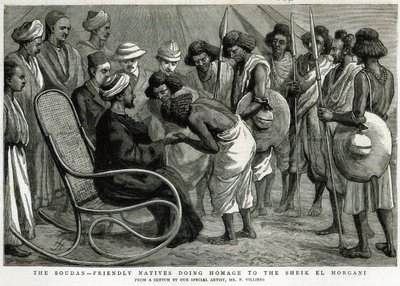 O Sudão: nativos amistosos em homenagem ao Sheik el Morgani, de &39;The Graphic&39;, 19 de abril de 1884 (gravura) de Frederic Villiers