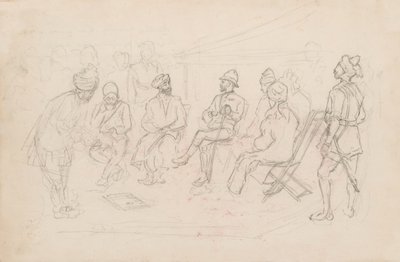 O encontro entre Cavagnari e o Khan de Lalpura em Dakka, em fevereiro de 1879 (lápis) de Frederic Villiers