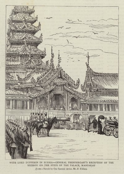 Com Lord Dufferin na Birmânia, a recepção do general Prendergast do vice-rei nos degraus do palácio, Mandalay de Frederic Villiers