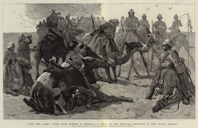 Com o corpo de camelos de Sarass a Dongola, uma parada da infantaria montada no deserto da Núbia de Frederic Villiers