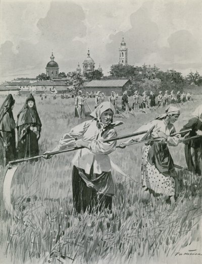 Um convento em Novgorod: Freiras fazendo feno de Frederic de Haenen