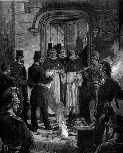 Expulsão dos dominicanos da Rue de Jean de Beauvais em Paris, na sequência dos decretos de Março de 1880 tomados por Jules Ferry e da supressão do direito de ensinar os membros das congregações religiosas não autorizadas: leitura do acto de notificação dos de Frederic de Haenen