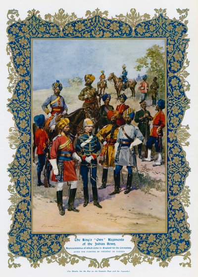 Regimentos próprios do Rei George Vs do Exército Indiano (cor litho) de Frederic de Haenen