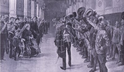 A Rainha Victoria inspecionando Colônias inválidas em St Georges Hall, Windsor, ilustração deApós Pretória: A Guerra da Guerrilha, 1902 de Frederic de Haenen