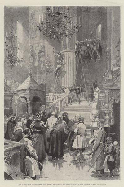 A coroação do czar, o público inspecionando as preparações na Igreja da Assunção de Frederic de Haenen