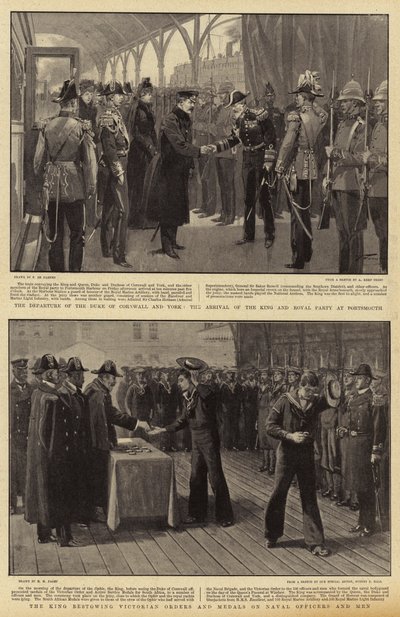 A partida do duque de Cornwall e York, a chegada do rei e da festa real em Portsmouth, o rei dando ordens e medalhas vitorianas aos oficiais e homens da Marinha de Frederic de Haenen