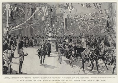 A procissão real da estação de Victoria para a casa de Marlborough, carruagem do rei passando pela rua de St James de Frederic de Haenen