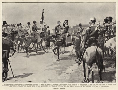 O czar assistindo o passado de março de sua guarda-costas (2 guardas cossacos) na revisão de primavera no Champs de Mars, São Petersburgo de Frederic de Haenen